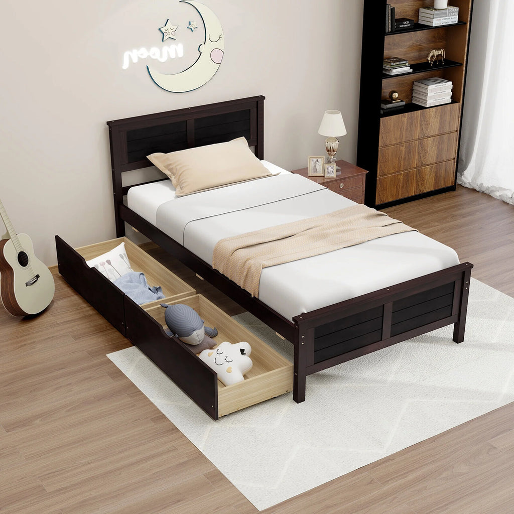 Twin Size Wooden Bed Frame with 2 Storage Drawers P4045