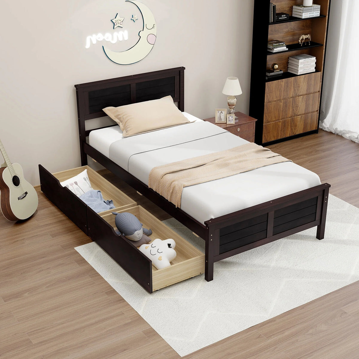 Twin Size Wooden Bed Frame with 2 Storage Drawers P4045