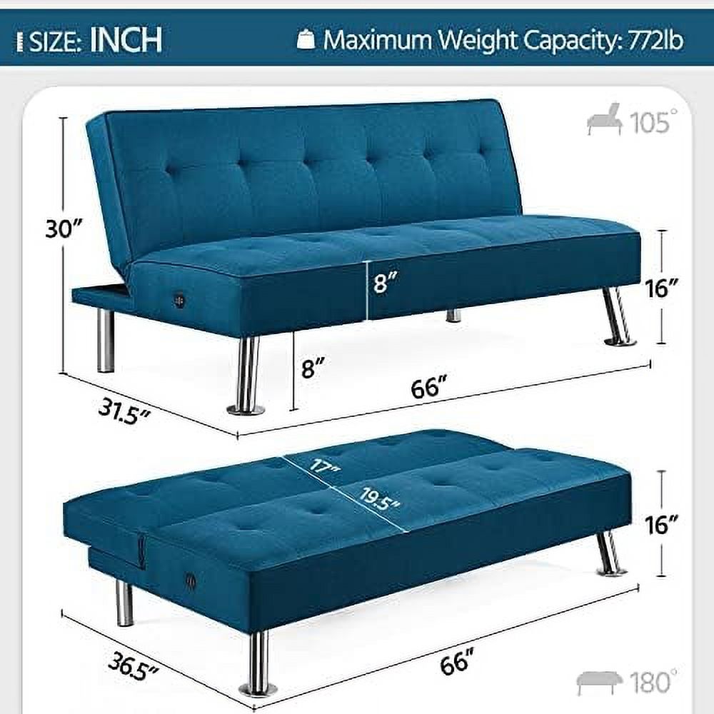 Convertible Futon Sofa Bed with 2 USB Charging Ports Fabric Loveseat Couch Metal Legs Z259