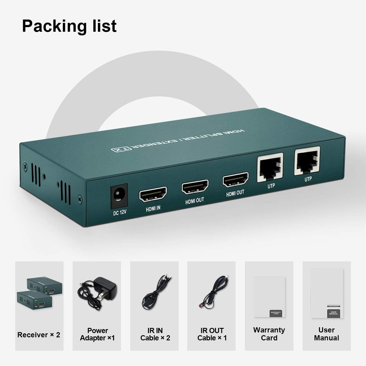 HDMI Extender Splitter 1x2 with IR, 1080P@60Hz, 165ft (50m) over CAT5e/CAT6/CAT7, 2 HDMI Loop Out F61531