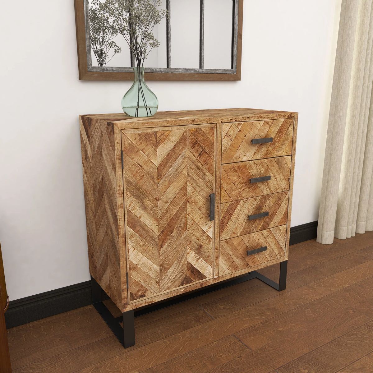 Brown Mango Wood 4 Drawers 1 Shelf 1 Door Geometric Cabinet R9979