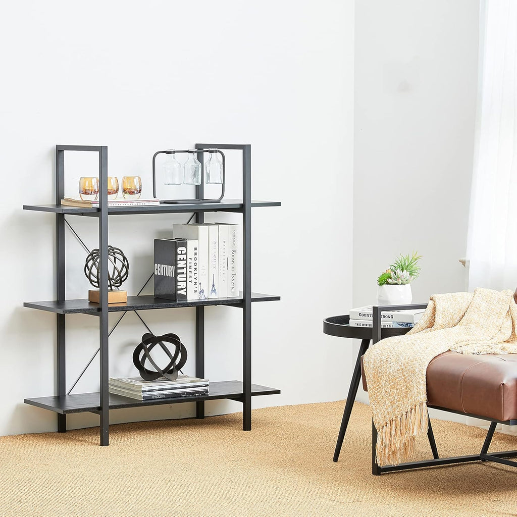 3 Tier Rustic Wood Bookcase with Metal Frame U7260