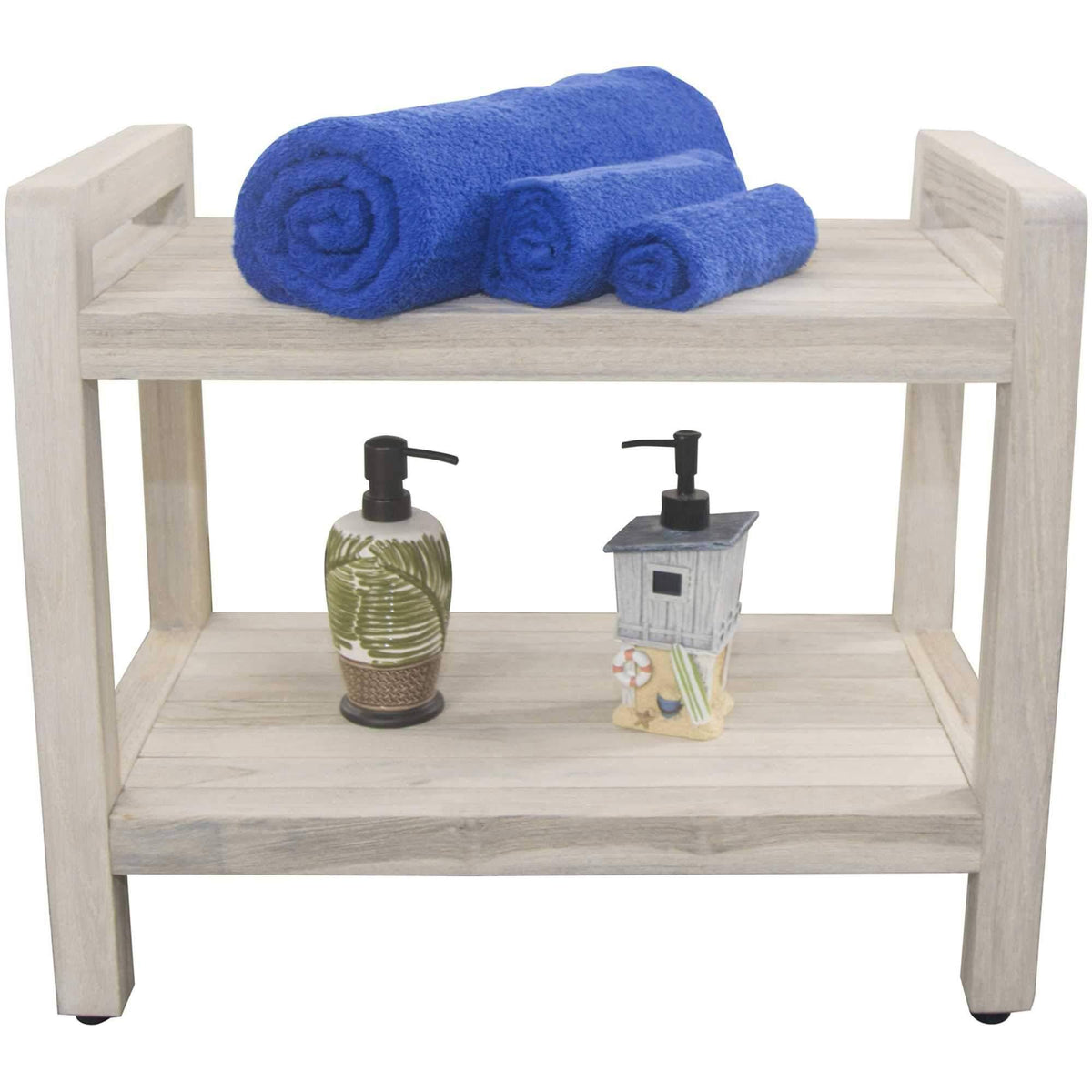 White Finish Teak Shower Bench with Shelf and Handles X226699