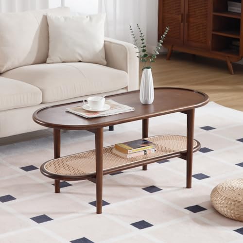 Walnut Rattan Coffee Table with Storage Shelf I524385