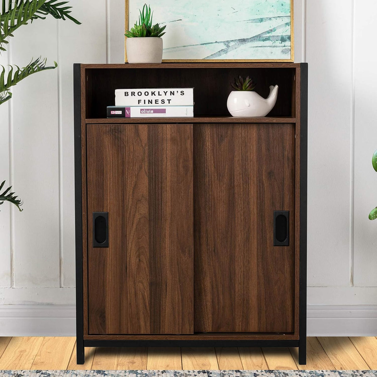 Brown Floor Storage Cabinet with Double Doors and Adjustable Shelf X758081