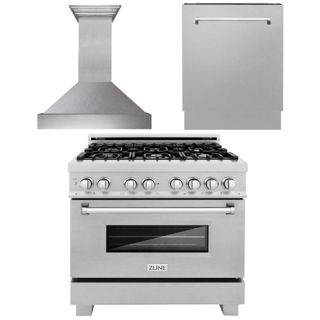 36 in. Dual Fuel Range, Range Hood and Dishwasher Q130455
