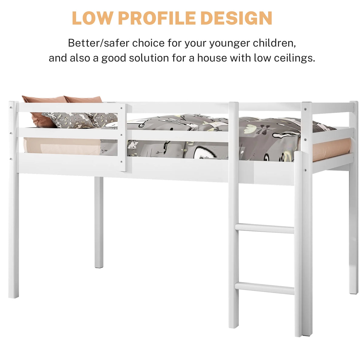 White Twin Size Solid Wood Loft Bed with 14 Wooden Slats S9433