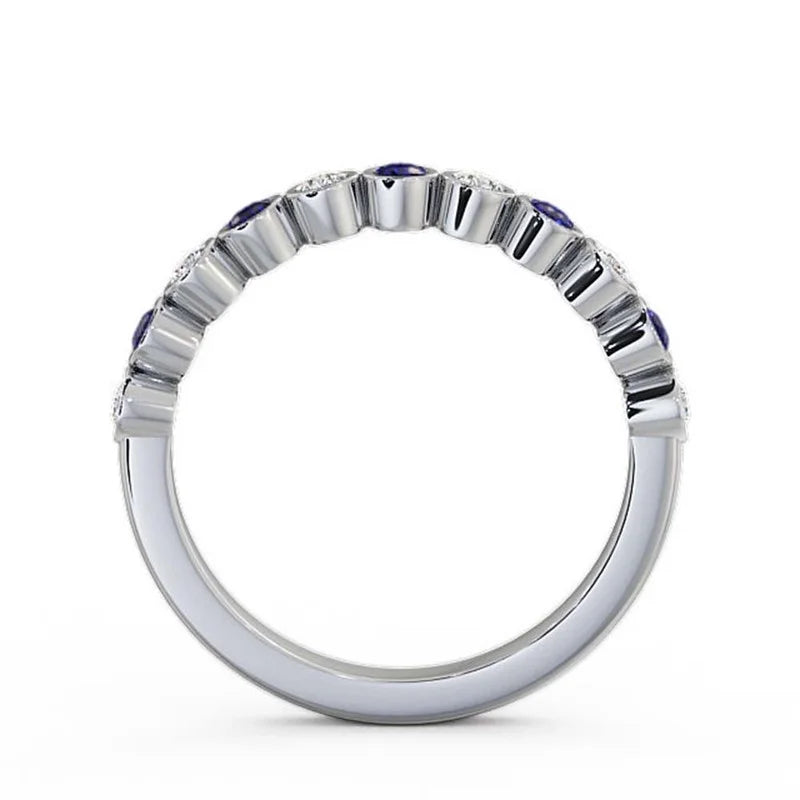 14K White Gold Eternity Band with Round Cut Diamond and Blue Sapphire B636351