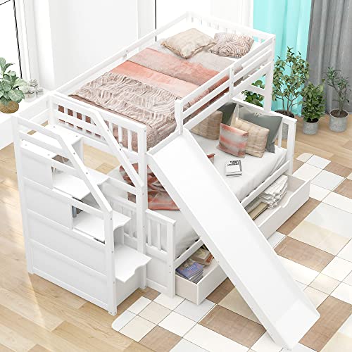 White Twin Over Full Solid Wood Bunk Bed with Stairs and Slide K84352