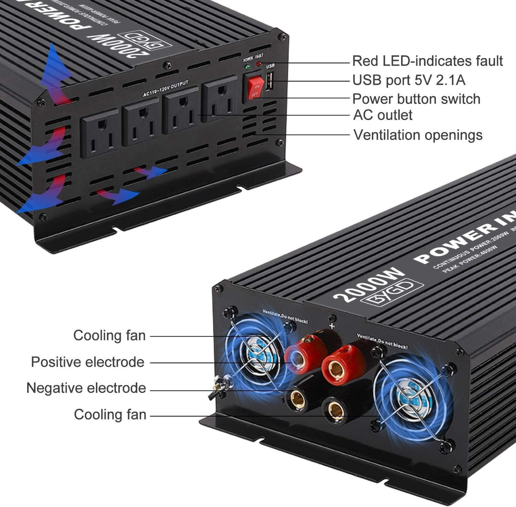 2000W Power Inverter 12V to 110V DC to AC Modified Sine Wave Inverter with 4 AC Outlets 2.1A USB Ports K35230