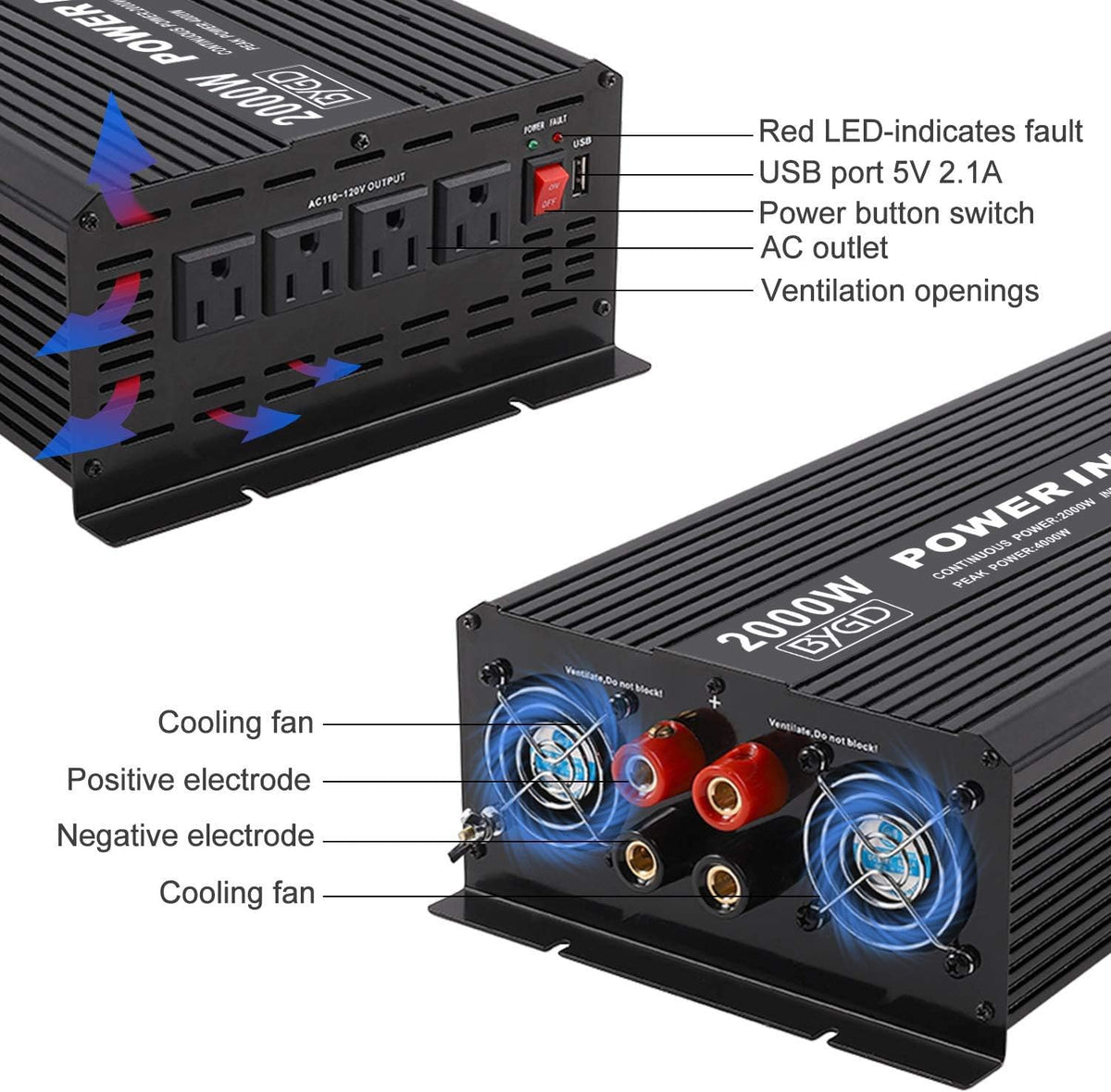 2000W Power Inverter 12V to 110V DC to AC Modified Sine Wave Inverter with 4 AC Outlets 2.1A USB Ports K35230