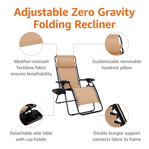 Beige Mesh Zero Gravity Lounge Chair Recliners Set of 2 with Side Table Y376272