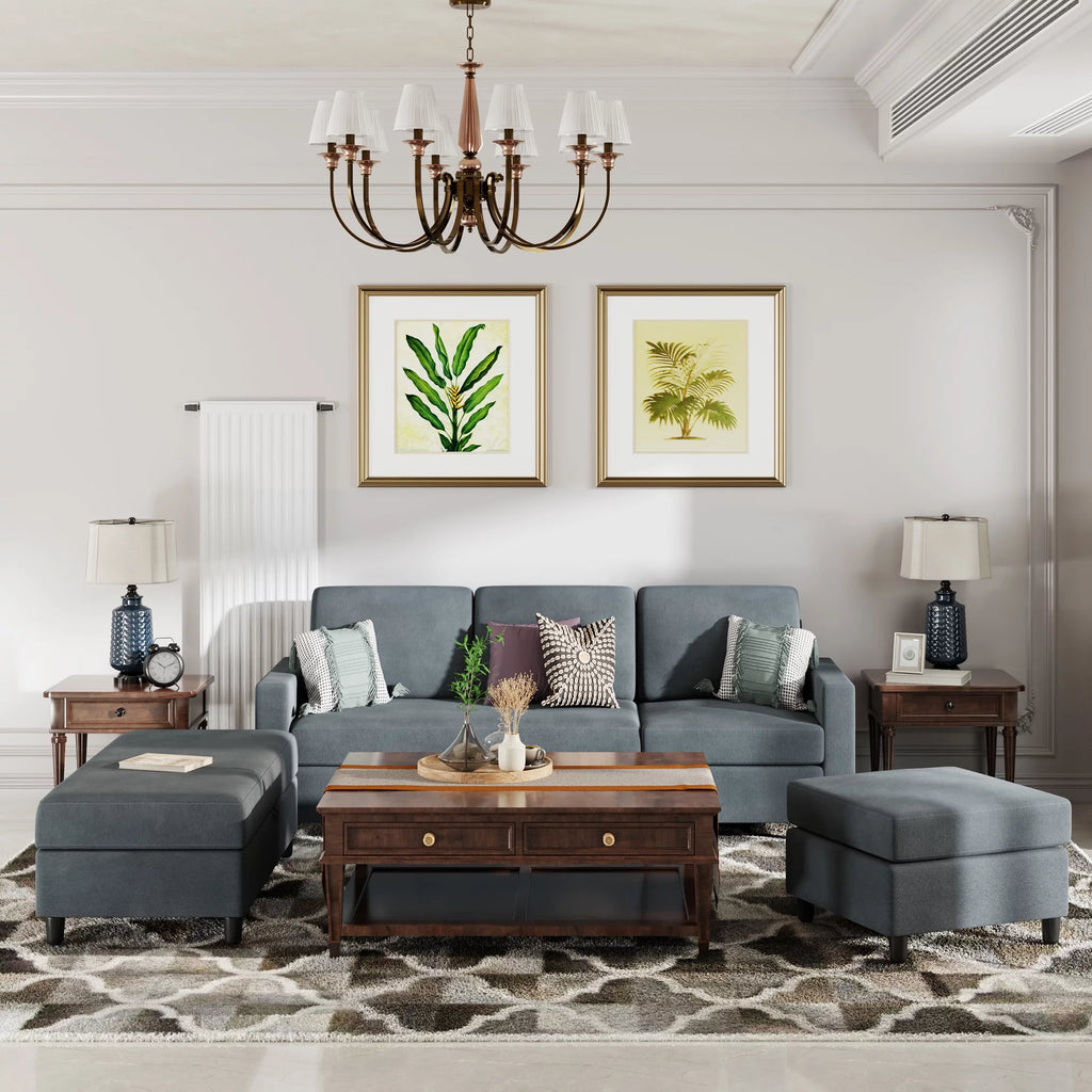 Dark Grey Convertible Sectional Sofa with Storage Ottoman V184