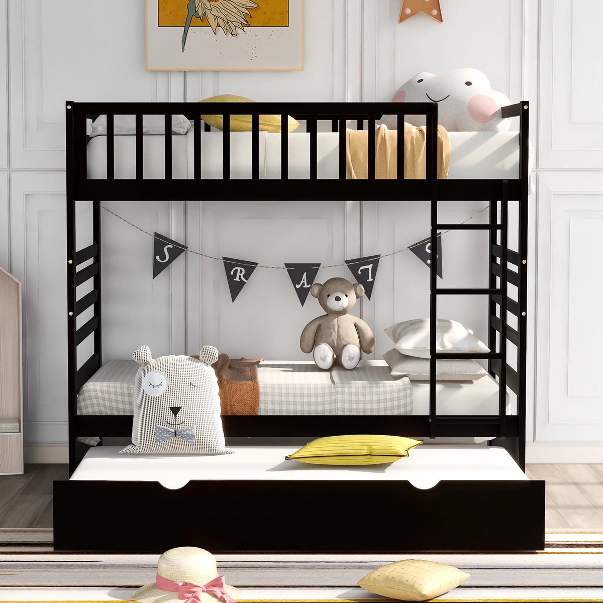 Twin Over Twin Solid Wood Bunk Beds with Trundle T133037