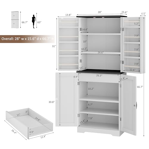 White Freestanding Kitchen Pantry Cabinet with 8 Door Shelves, 2 Cabinets and 1 Drawer Q5154