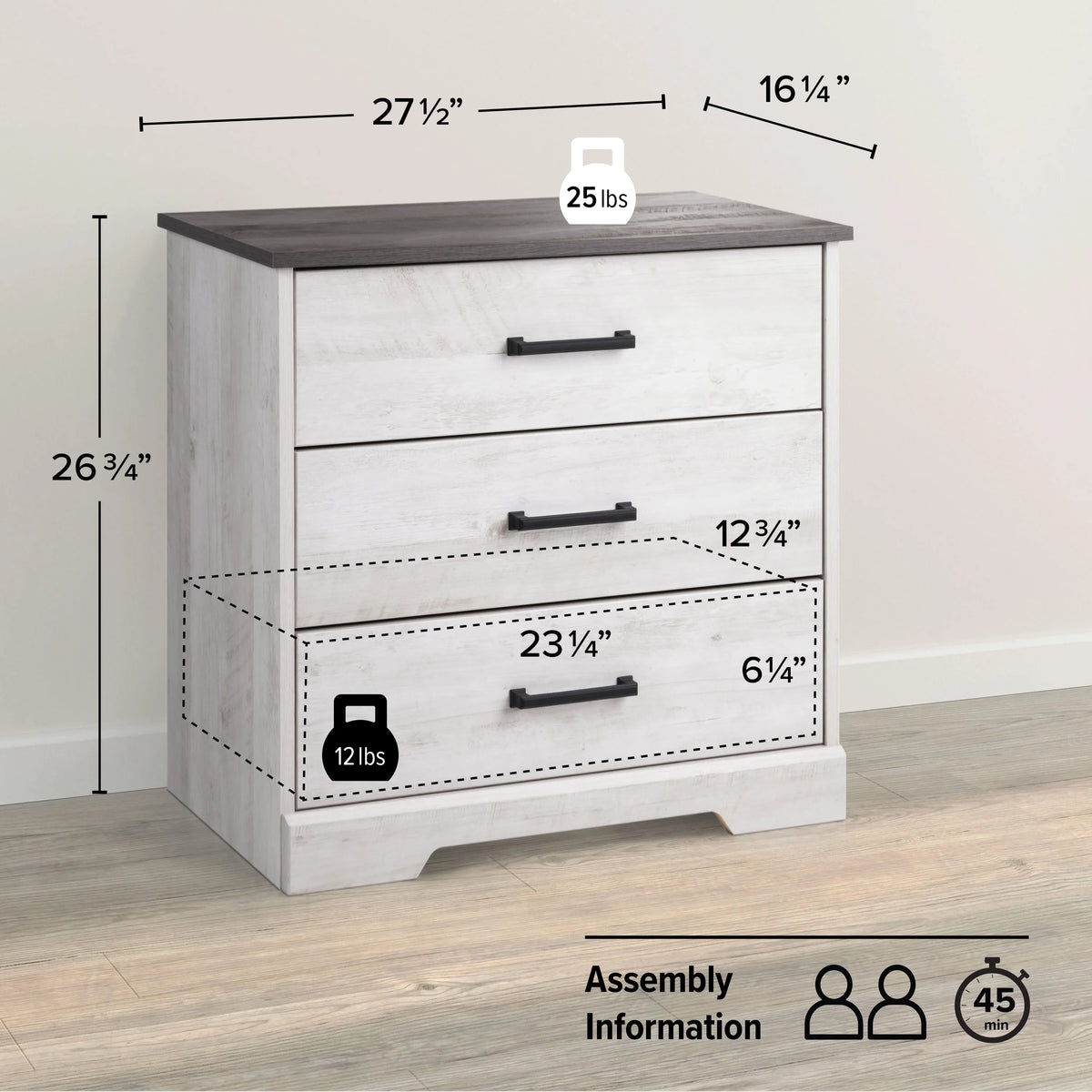 3 Drawer Washed White Wood Nightstand J6401