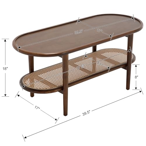 Walnut Rattan Coffee Table with Storage Shelf I524385