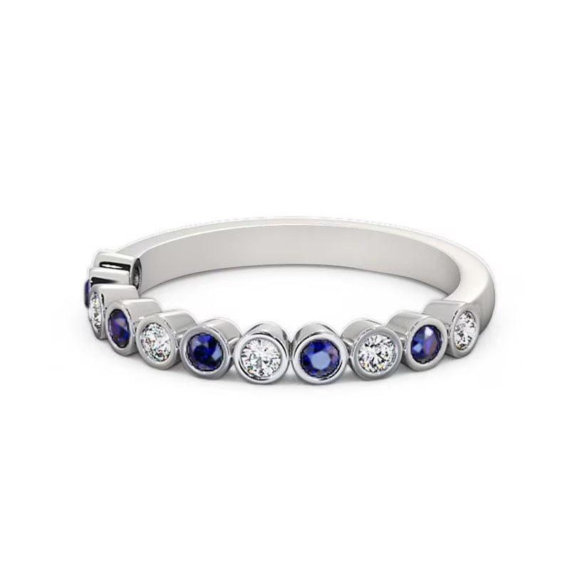 14K White Gold Eternity Band with Round Cut Diamond and Blue Sapphire B636351
