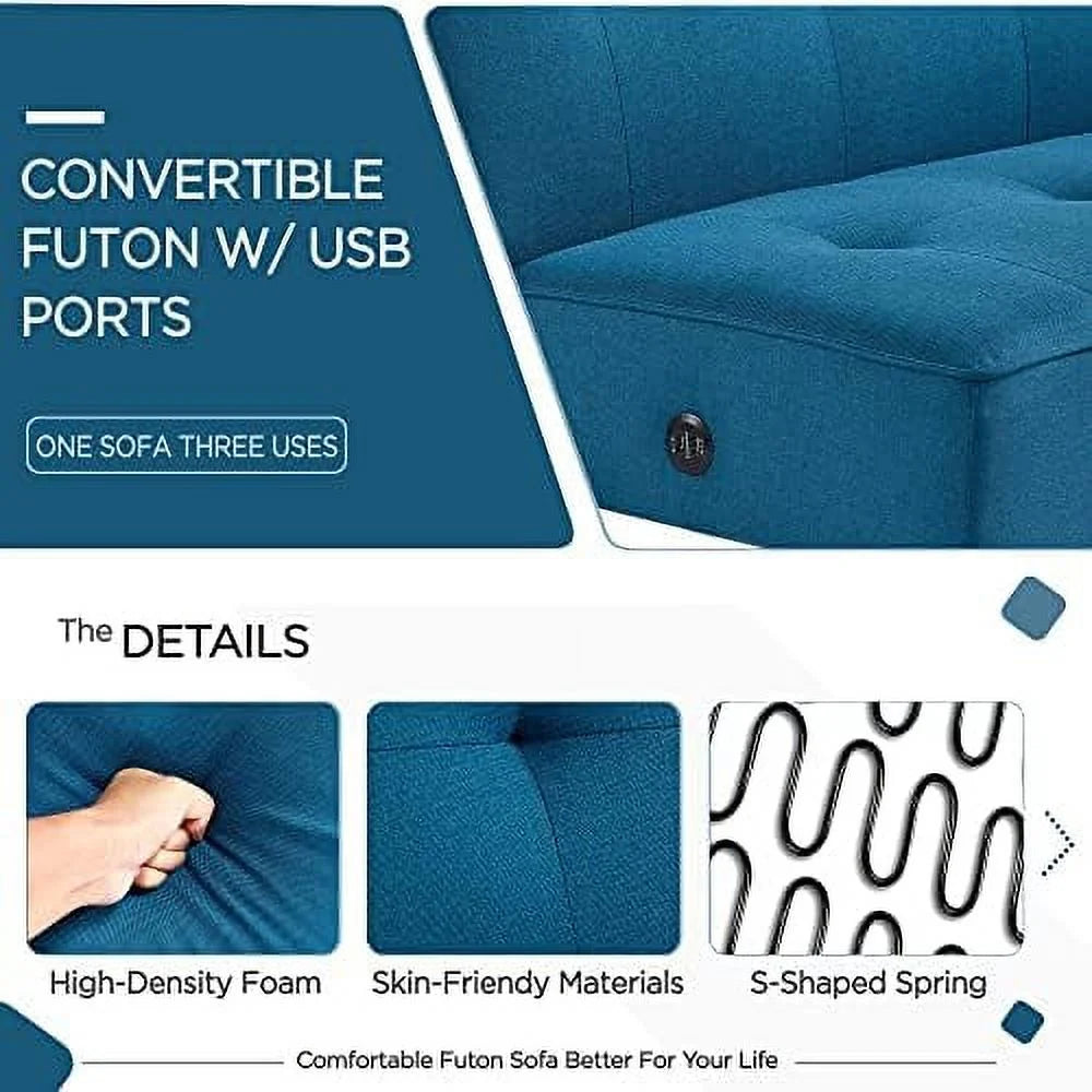 Convertible Futon Sofa Bed with 2 USB Charging Ports Fabric Loveseat Couch Metal Legs Z259