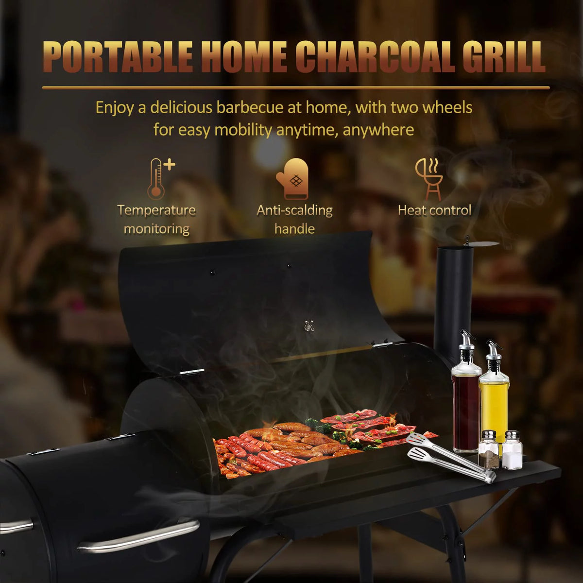 43'' Charcoal Grill with Wheels and Side Fire Box V62399