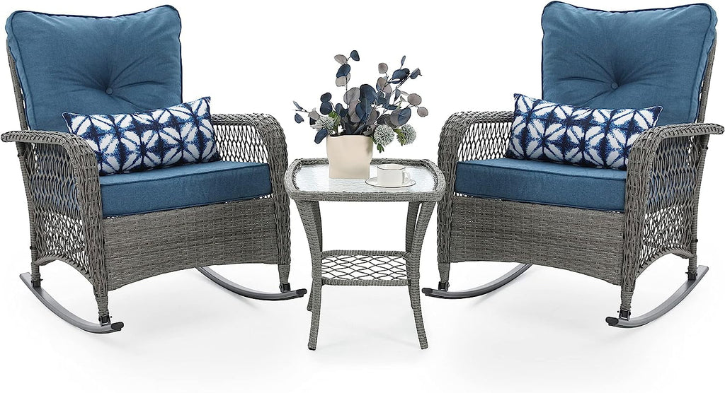 3 Piece Rattan Outdoor Rocking Bistro Set with Cushions S23685
