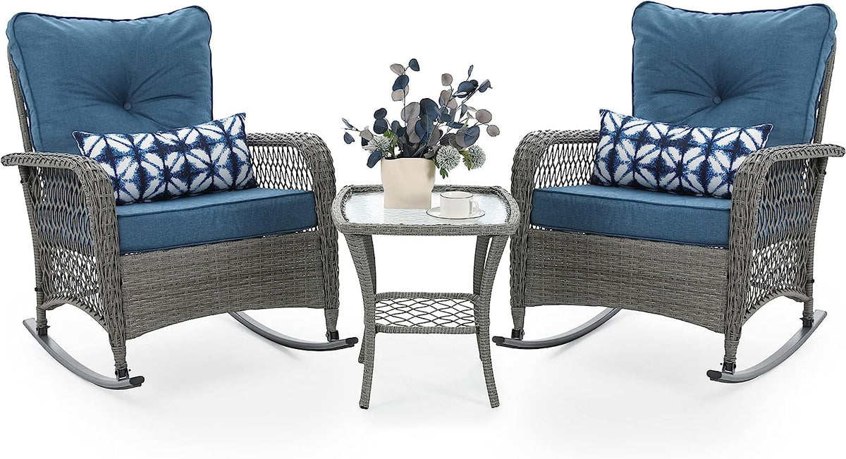 3 Piece Rattan Outdoor Rocking Bistro Set with Cushions S23685