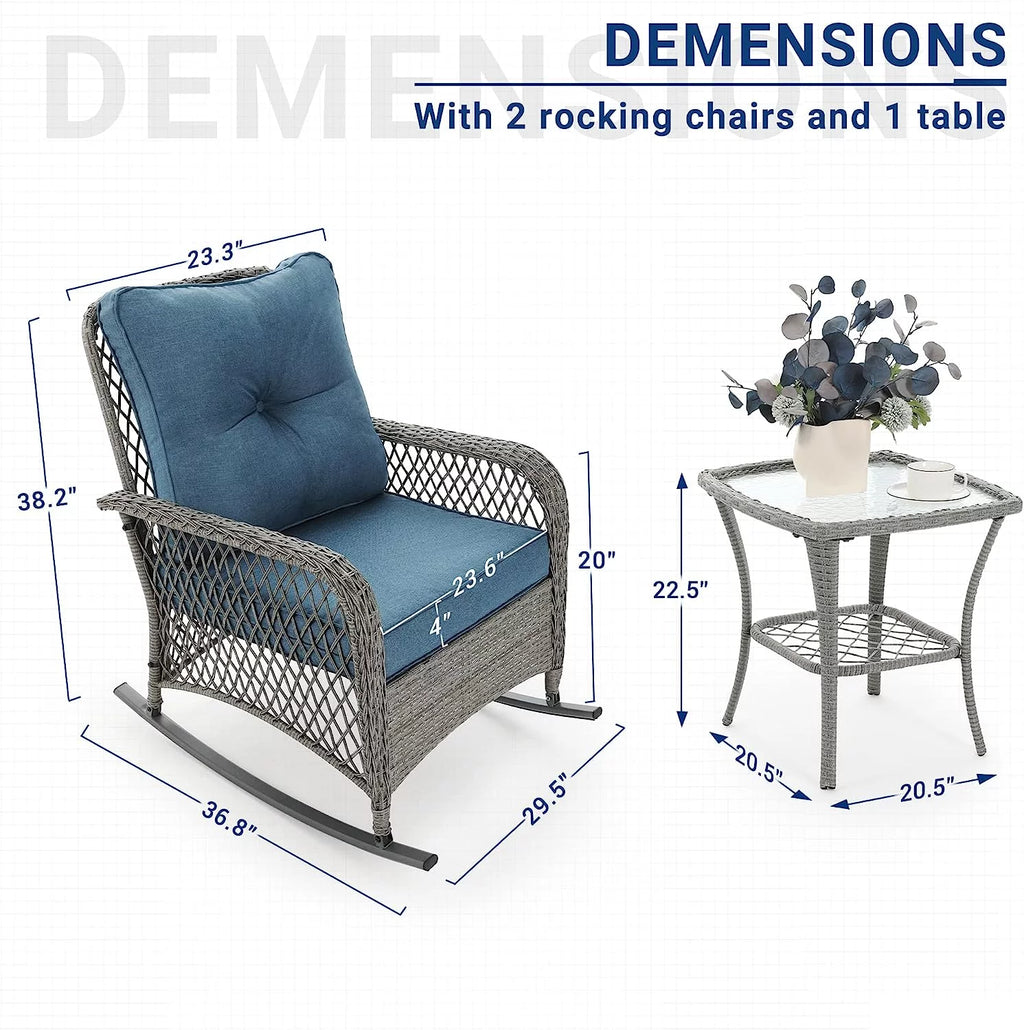 3 Piece Rattan Outdoor Rocking Bistro Set with Cushions S23685