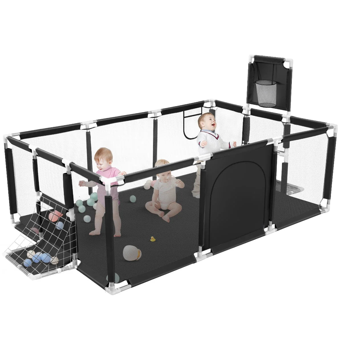 71 Inch Blue Baby Playpen with Basketball Hoop and Mesh R126
