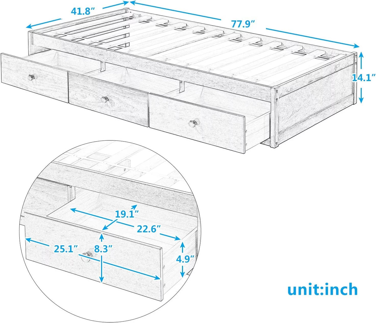Cherry Wood Storage Bed with 3 Drawers V7362