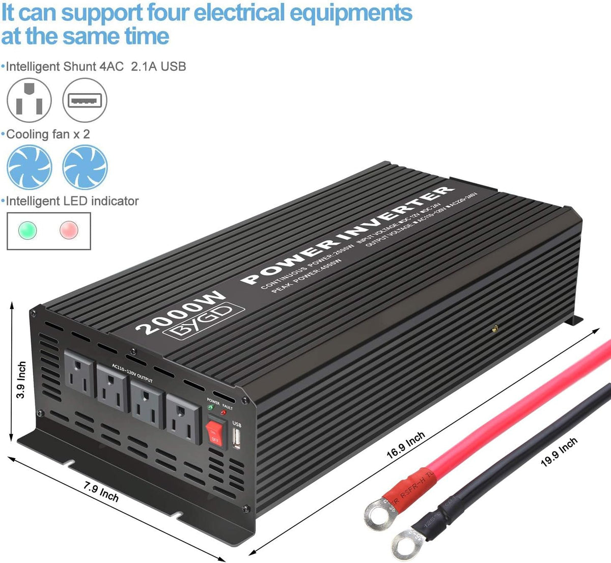 2000W Power Inverter 12V to 110V DC to AC Modified Sine Wave Inverter with 4 AC Outlets 2.1A USB Ports K35230