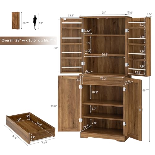 White Freestanding Kitchen Pantry Cabinet with 8 Door Shelves, 2 Cabinets and 1 Drawer Q5154