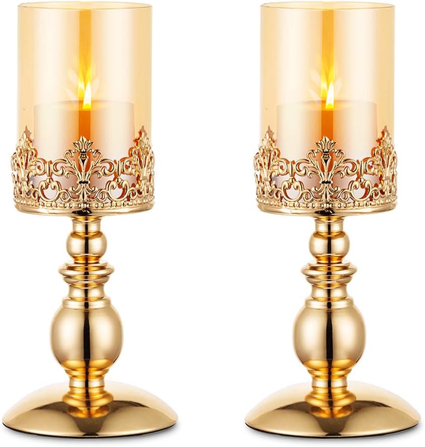 Gold Hurricane Candle Holders with Glass, Set of 2 A4160