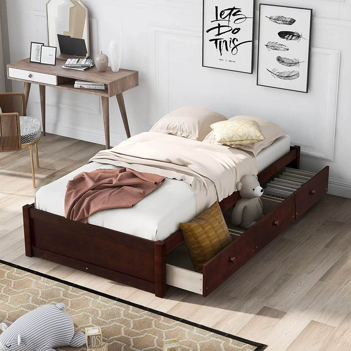 Cherry Wood Storage Bed with 3 Drawers V7362