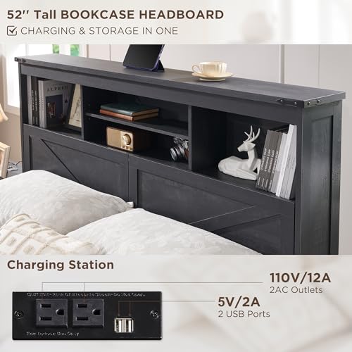 Queen Size Wood Bed Frame with Storage Bookcase Headboard 4 Drawers Z294