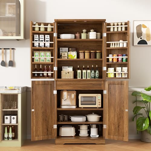 White Freestanding Kitchen Pantry Cabinet with 8 Door Shelves, 2 Cabinets and 1 Drawer Q5154