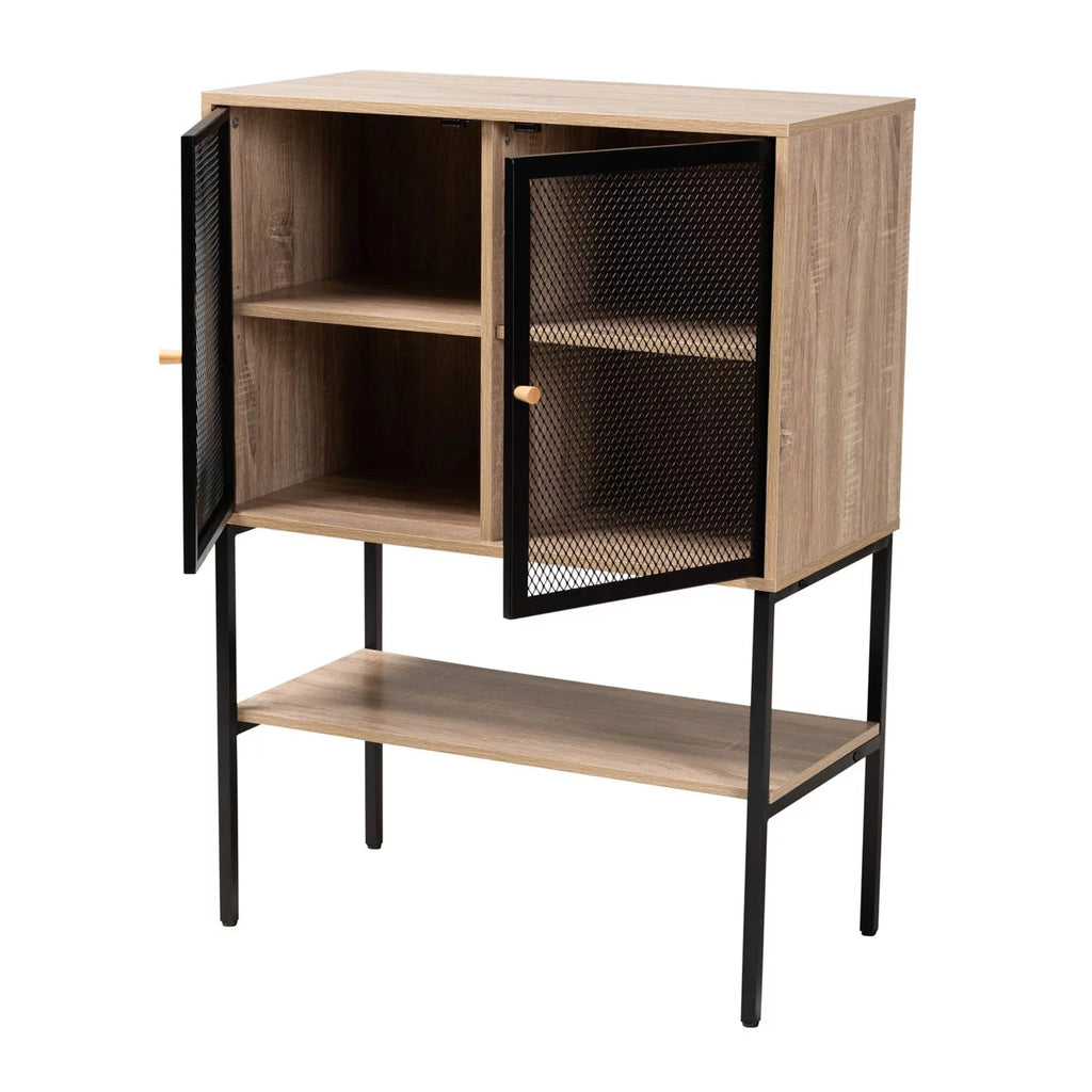 Natural Brown Wood and Black Metal 2-Door Sideboard E4192