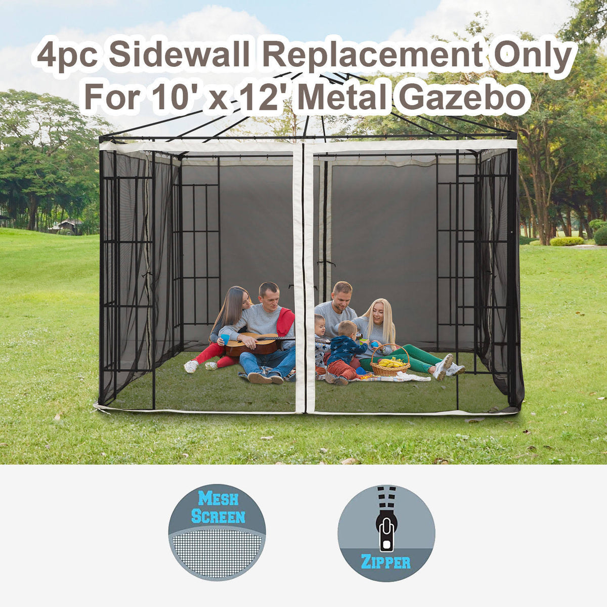 4-Panel Mesh Mosquito Netting Sidewalls with Zippers for Patio Gazebo R70534