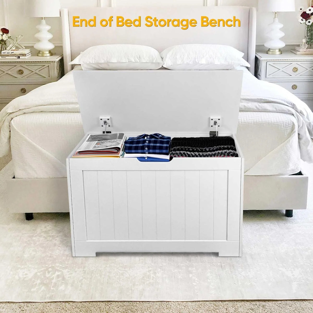 White Wooden Toy Box Storage Chest with Flip-top Lid O9666
